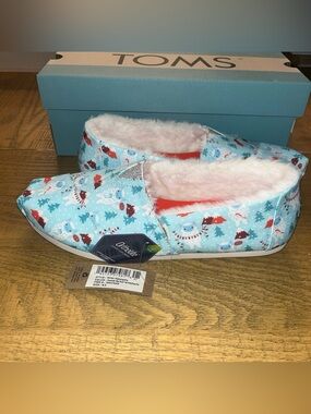 TOMS Alpargata Faux Fur Lined Slip-Ons Clearwater Blue Snow Yeti Print Sz 9.5